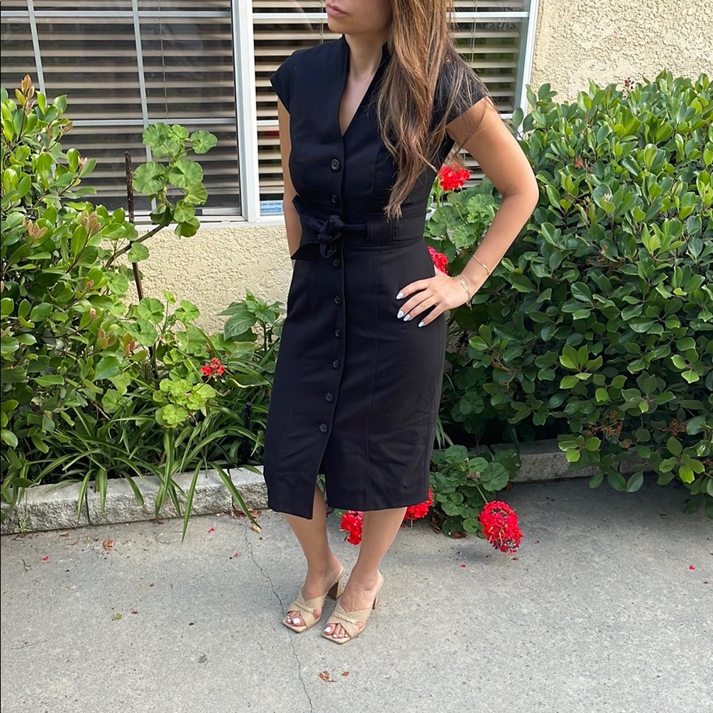 Calvin Klein Black Sheath Midi Dress with Mandarin Collar